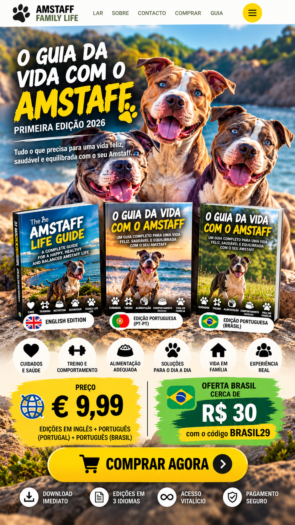 O Guia da Vida com o Amstaff — três edições: English, Português Portugal e Português Brasil
